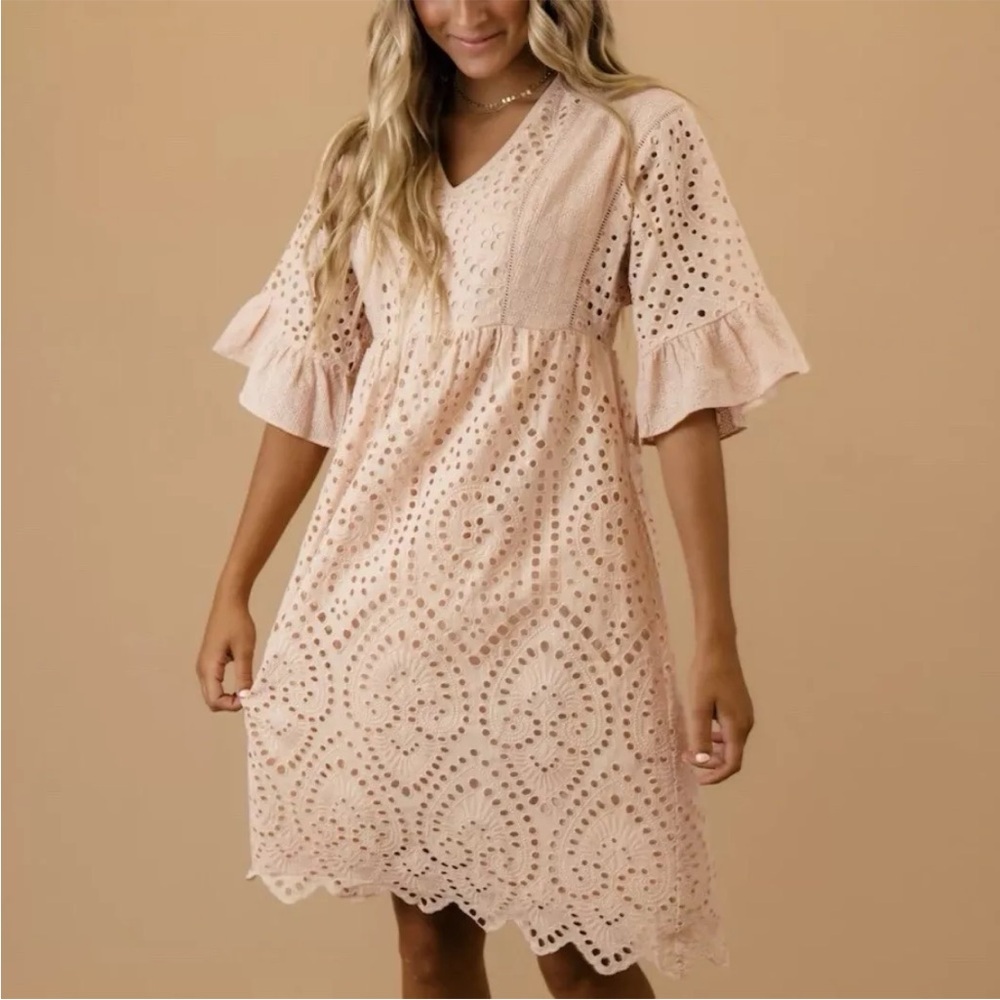 Roolee Falling For You Eyelet Dress in Blush Pink Large L